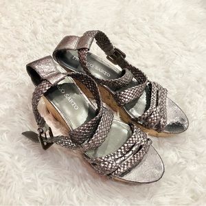 Franco Sarto Cork Braided Wedge Heels Gunmetal Leather‎ Silver 8.5
